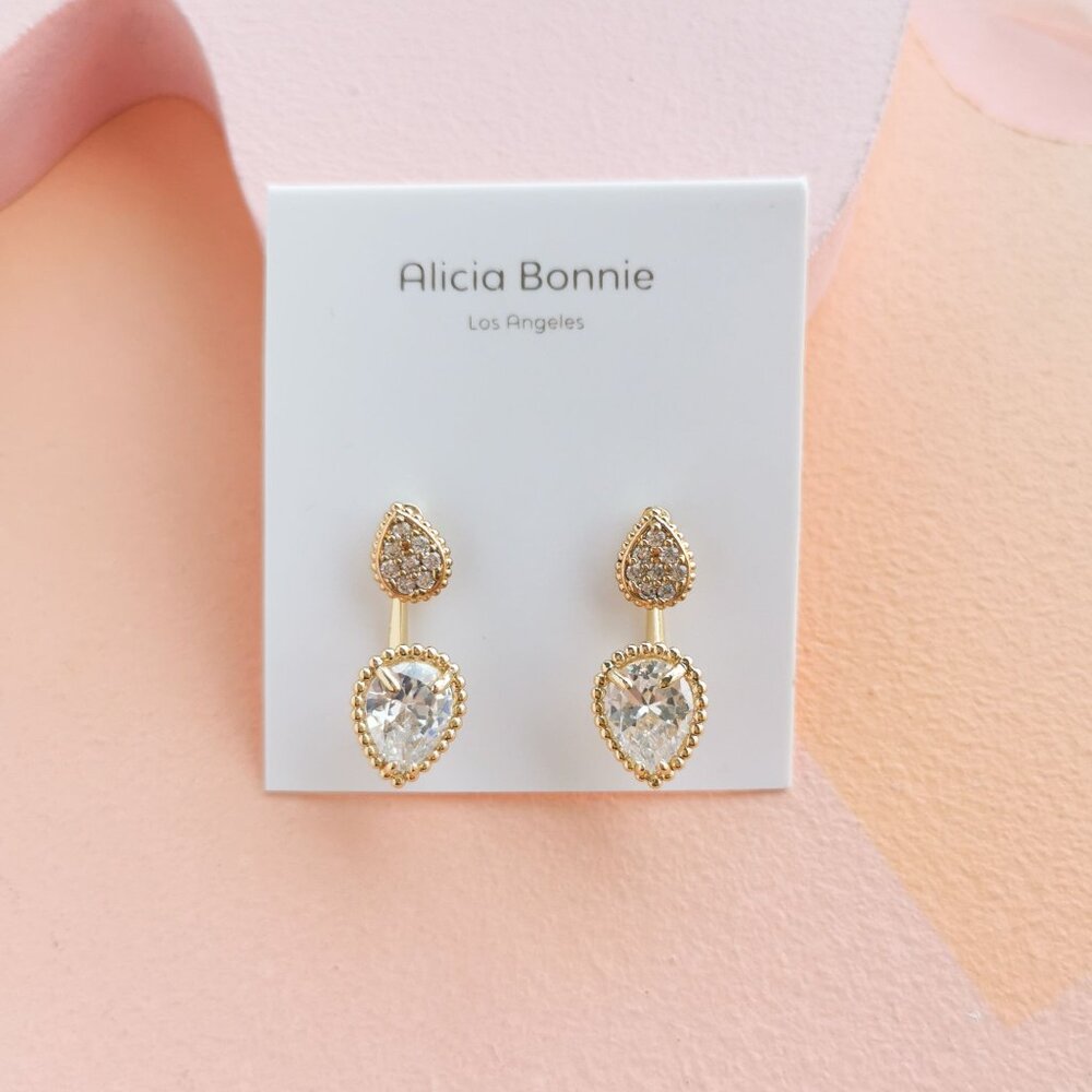 Alicia Bonnie - Dual Elegance White Crystal Gold Ear Jacket Earrings - NEW